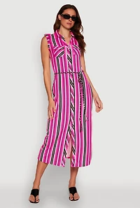 Womens Sleeveless Striped Shirt Dress, Pink, Size L