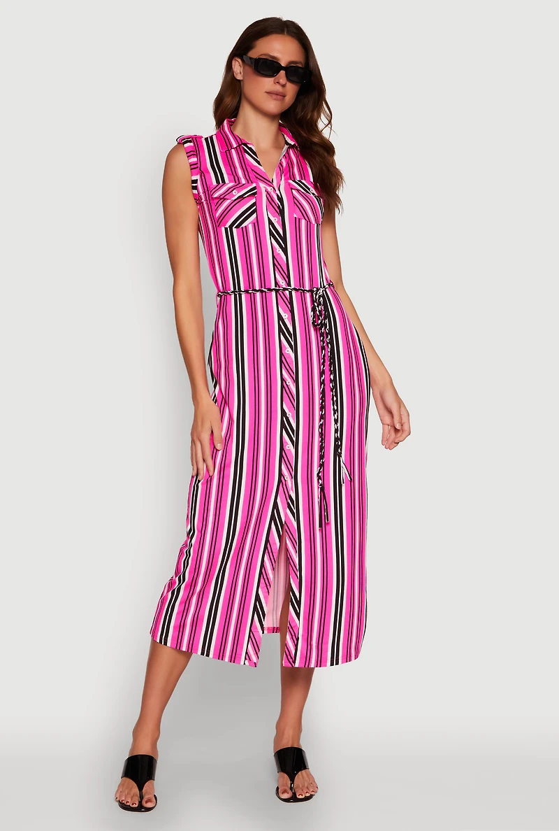 Womens Sleeveless Striped Shirt Dress, Pink, Size M