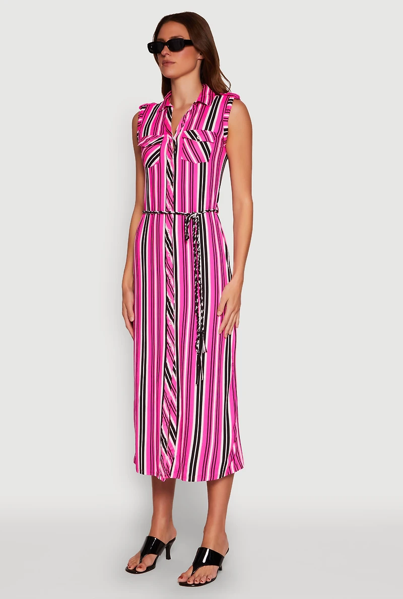 Womens Sleeveless Striped Shirt Dress, Pink, Size M