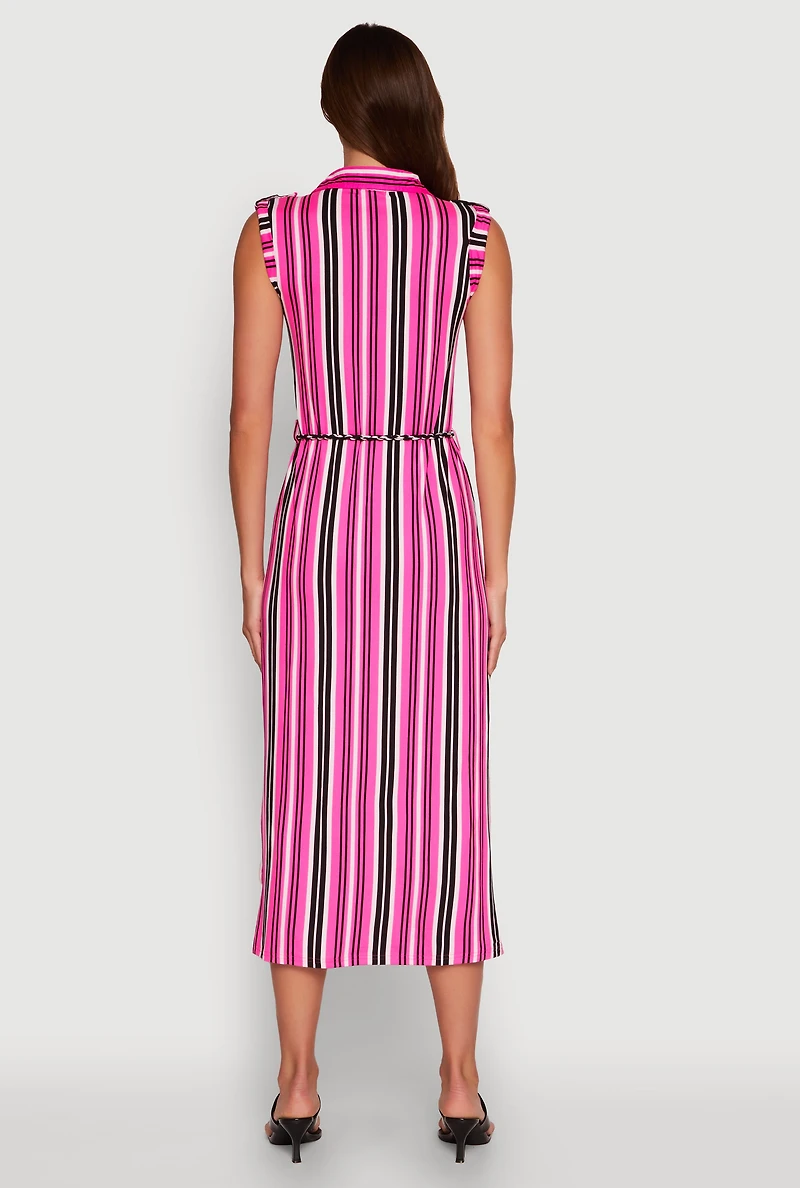 Womens Sleeveless Striped Shirt Dress, Pink, Size M