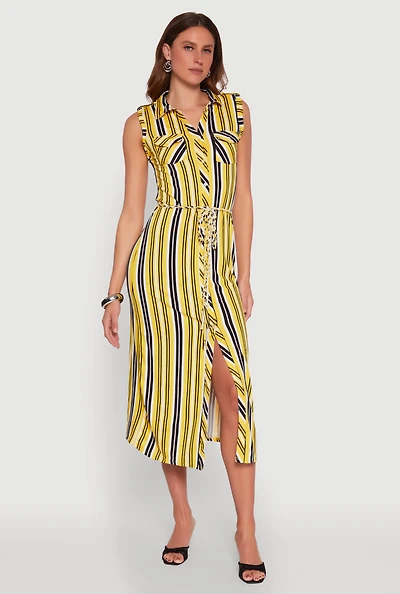 Womens Sleeveless Striped Shirt Dress, Yellow, Size L