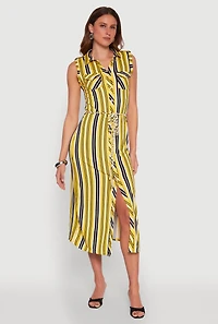 Womens Sleeveless Striped Shirt Dress, Yellow, Size L