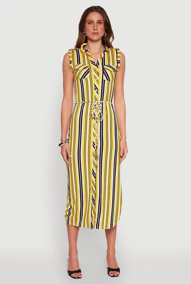 Womens Sleeveless Striped Shirt Dress, Yellow,