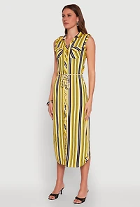 Womens Sleeveless Striped Shirt Dress, Yellow, Size L