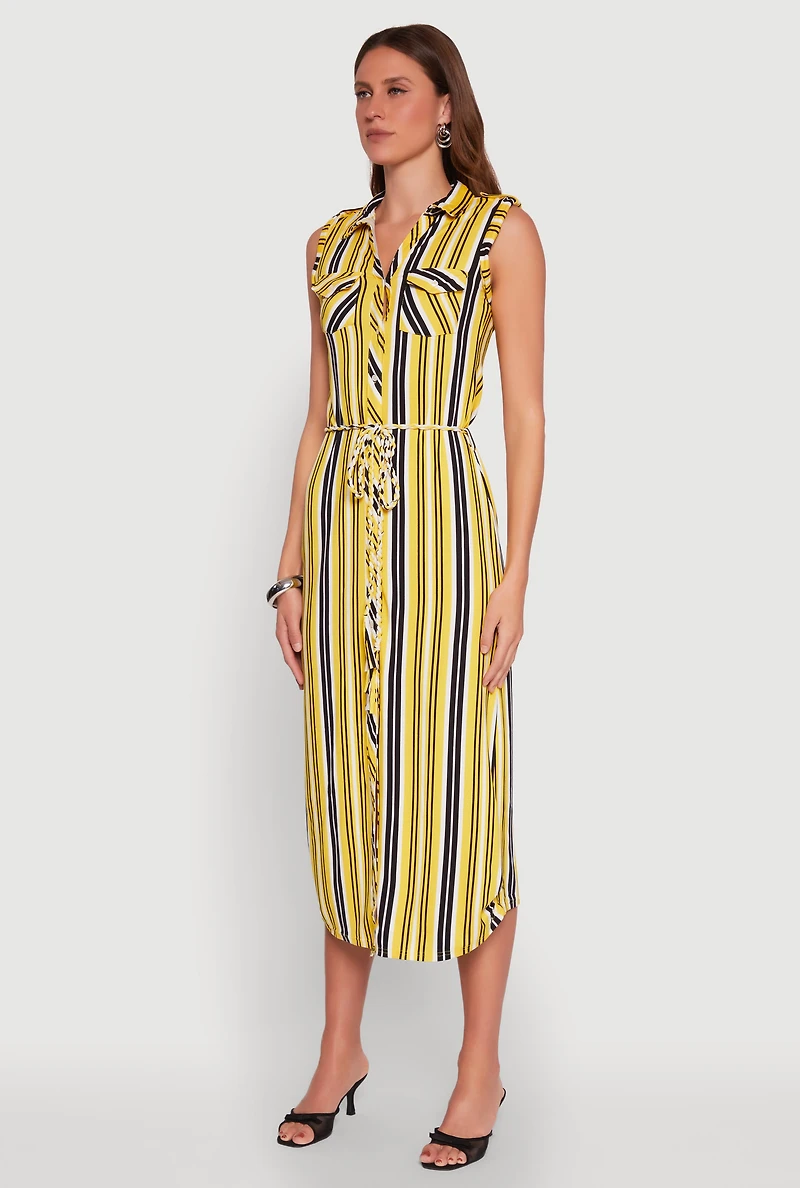 Womens Sleeveless Striped Shirt Dress, Yellow, Size L