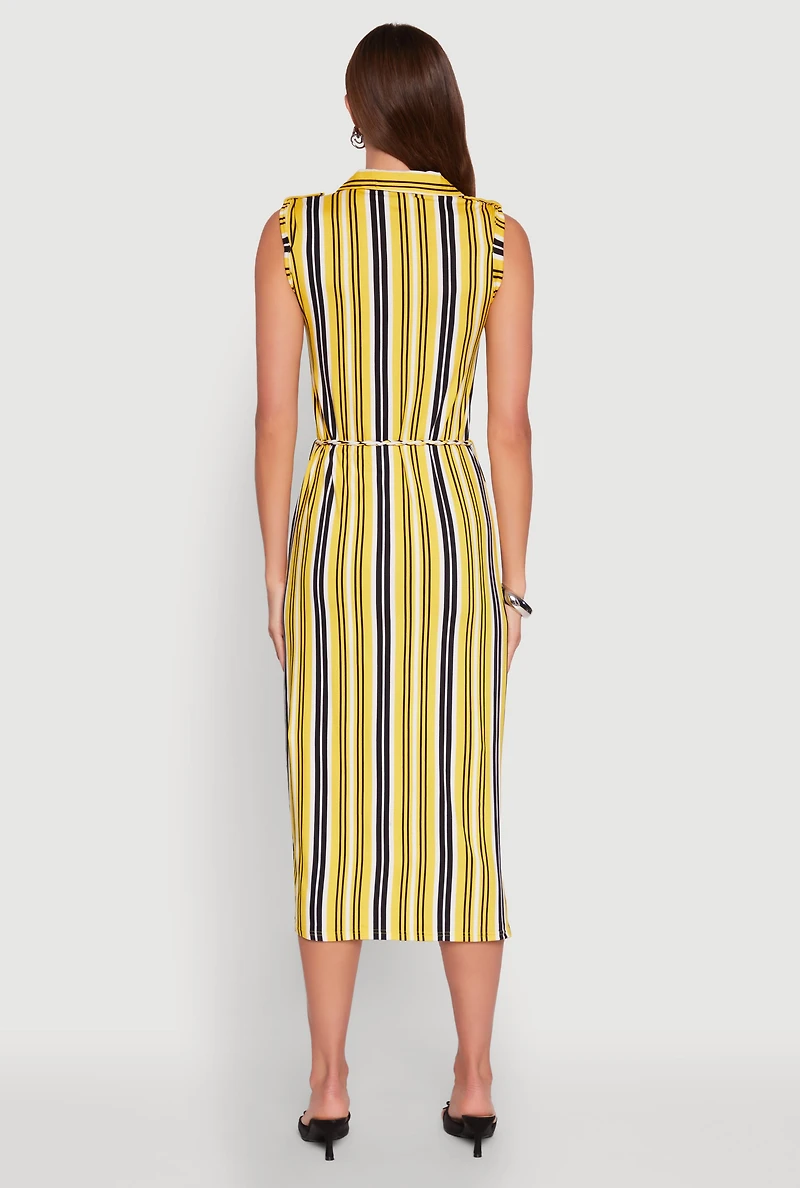 Womens Sleeveless Striped Shirt Dress, Yellow, Size L