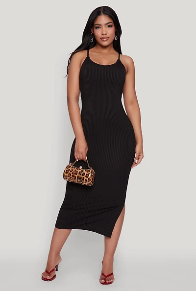 Womens Ribbed Knit Side Slit Cami Maxi Dress, M