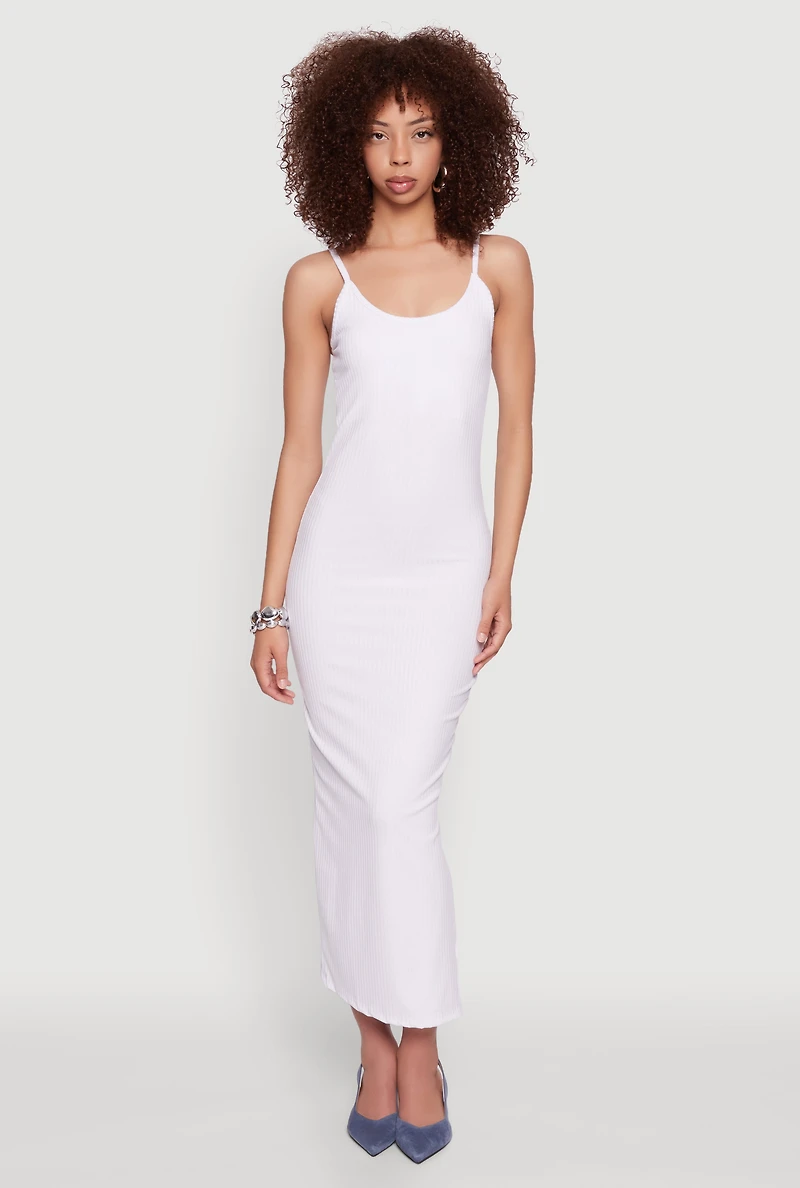 Womens Ribbed Knit Side Slit Cami Maxi Dress, White, Size M