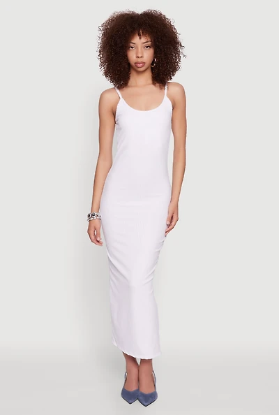 Womens Ribbed Knit Side Slit Cami Maxi Dress, White, Size M