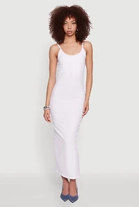 Womens Ribbed Knit Side Slit Cami Maxi Dress, White, Size M