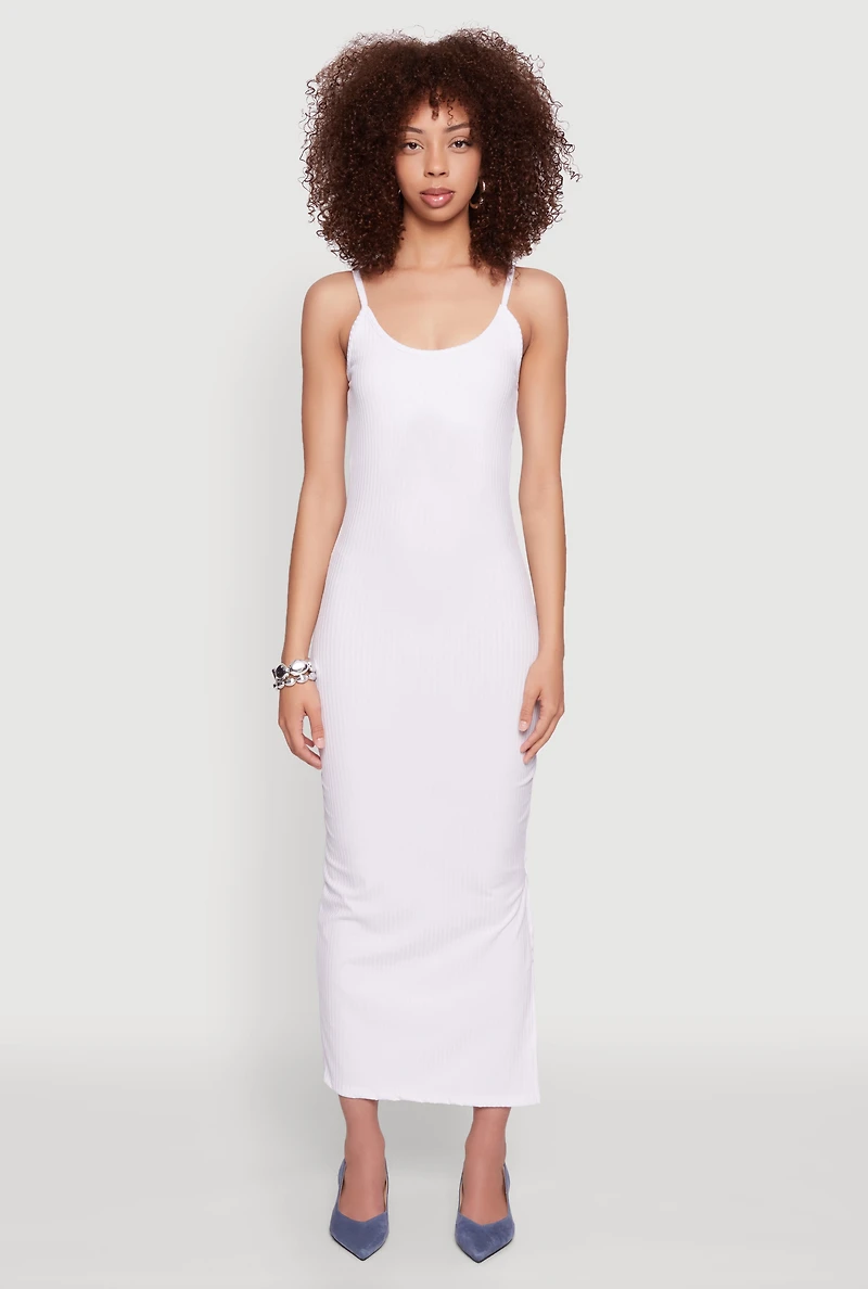 Womens Ribbed Knit Side Slit Cami Maxi Dress, White, Size M