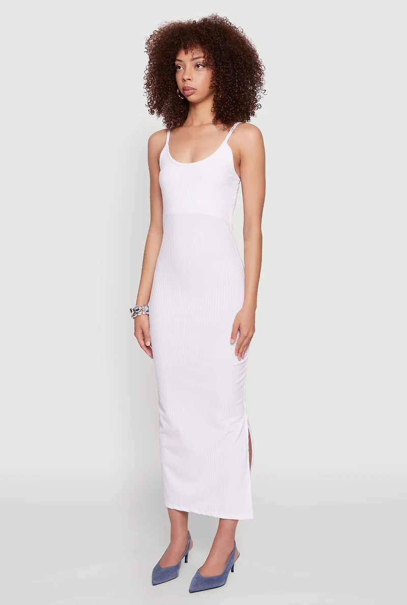 Womens Ribbed Knit Side Slit Cami Maxi Dress, White, Size M
