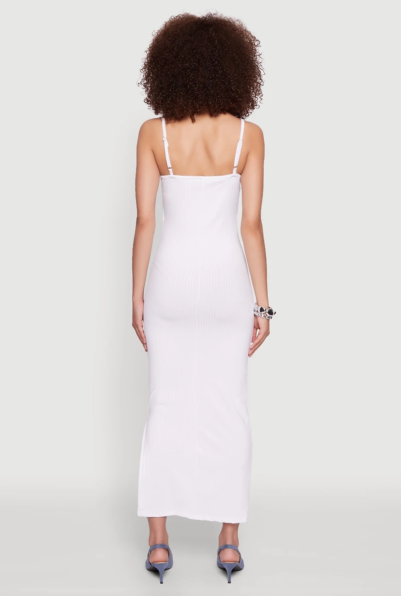 Womens Ribbed Knit Side Slit Cami Maxi Dress, White, Size M