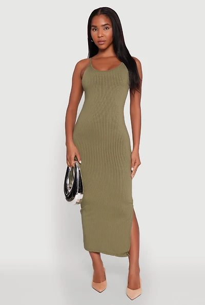 Womens Ribbed Knit Side Slit Cami Maxi Dress,