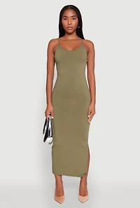Womens Ribbed Knit Side Slit Cami Maxi Dress, Green, Size XL