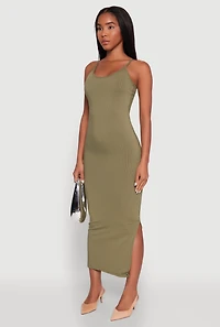 Womens Ribbed Knit Side Slit Cami Maxi Dress, Green, Size XL