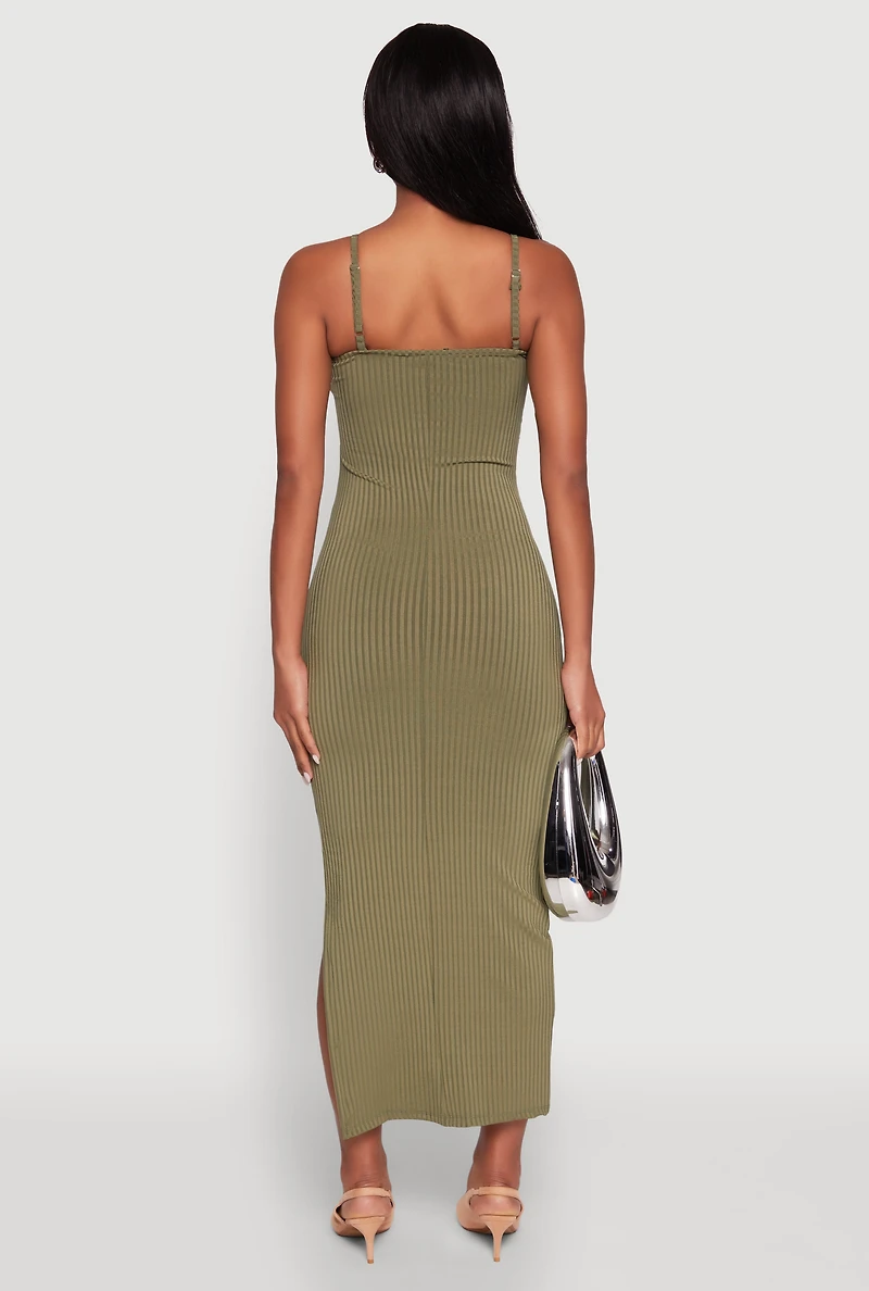 Womens Ribbed Knit Side Slit Cami Maxi Dress, Green, Size XL