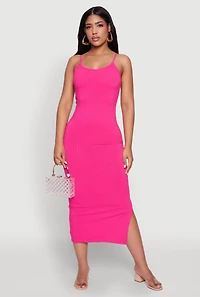 Womens Ribbed Knit Side Slit Cami Maxi Dress, Pink, Size S