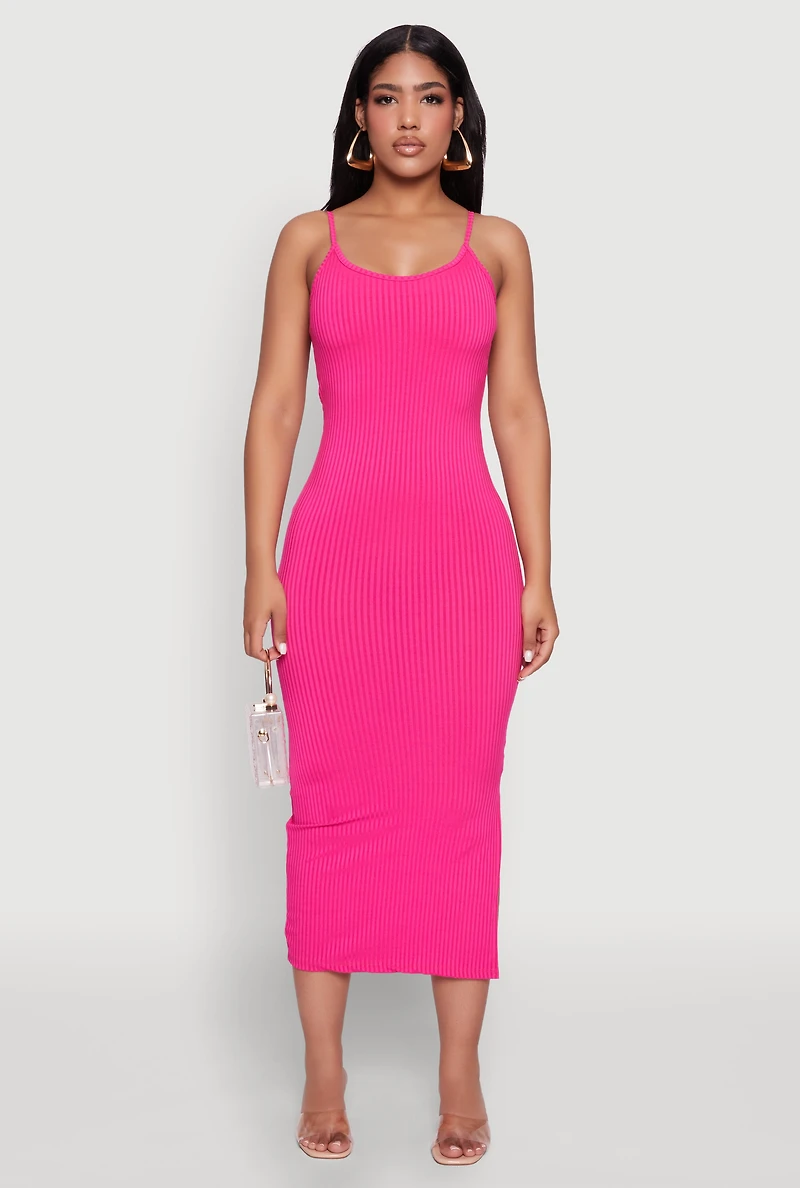Womens Ribbed Knit Side Slit Cami Maxi Dress, Pink, Size S