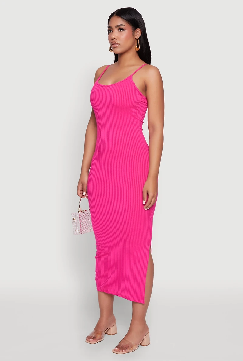 Womens Ribbed Knit Side Slit Cami Maxi Dress, Pink, Size S