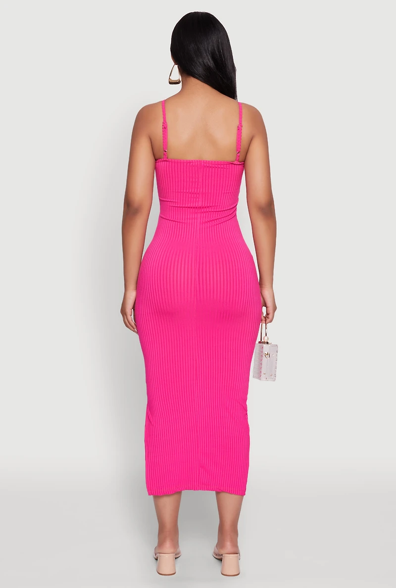 Womens Ribbed Knit Side Slit Cami Maxi Dress, Pink, Size S