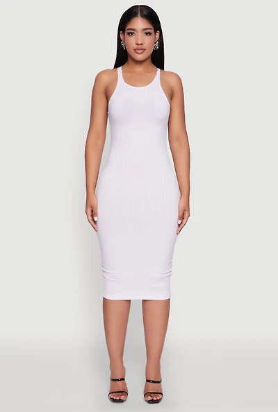 Womens Rib Knit Tank Midi Dress, White, Size S