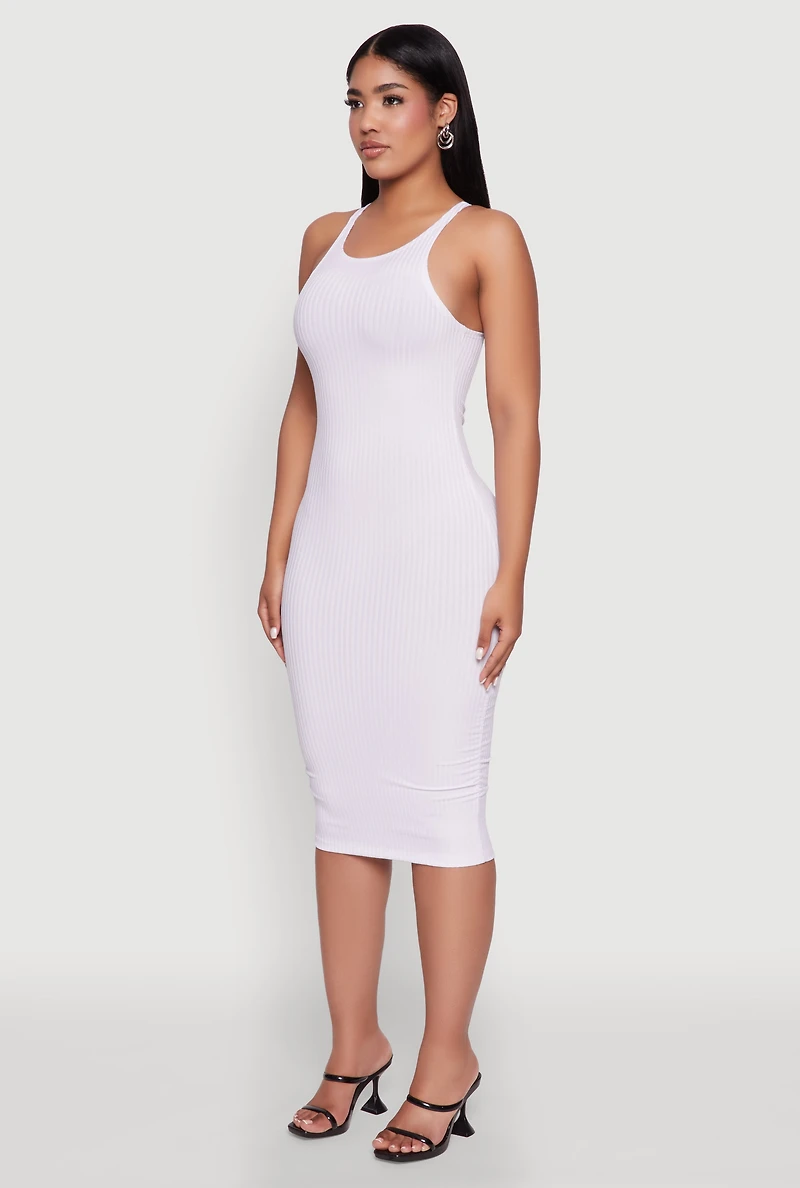 Womens Rib Knit Tank Midi Dress, White, Size L