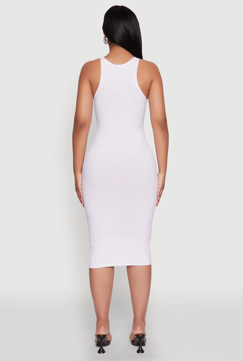 Womens Rib Knit Tank Midi Dress, White, Size L