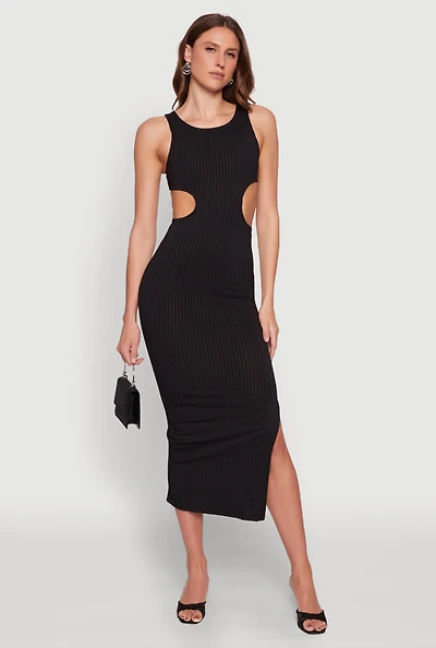Womens Rib Knit Side Cut Out Maxi Dress, Black, Size XL
