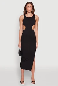 Womens Rib Knit Side Cut Out Maxi Dress, Black, Size XL