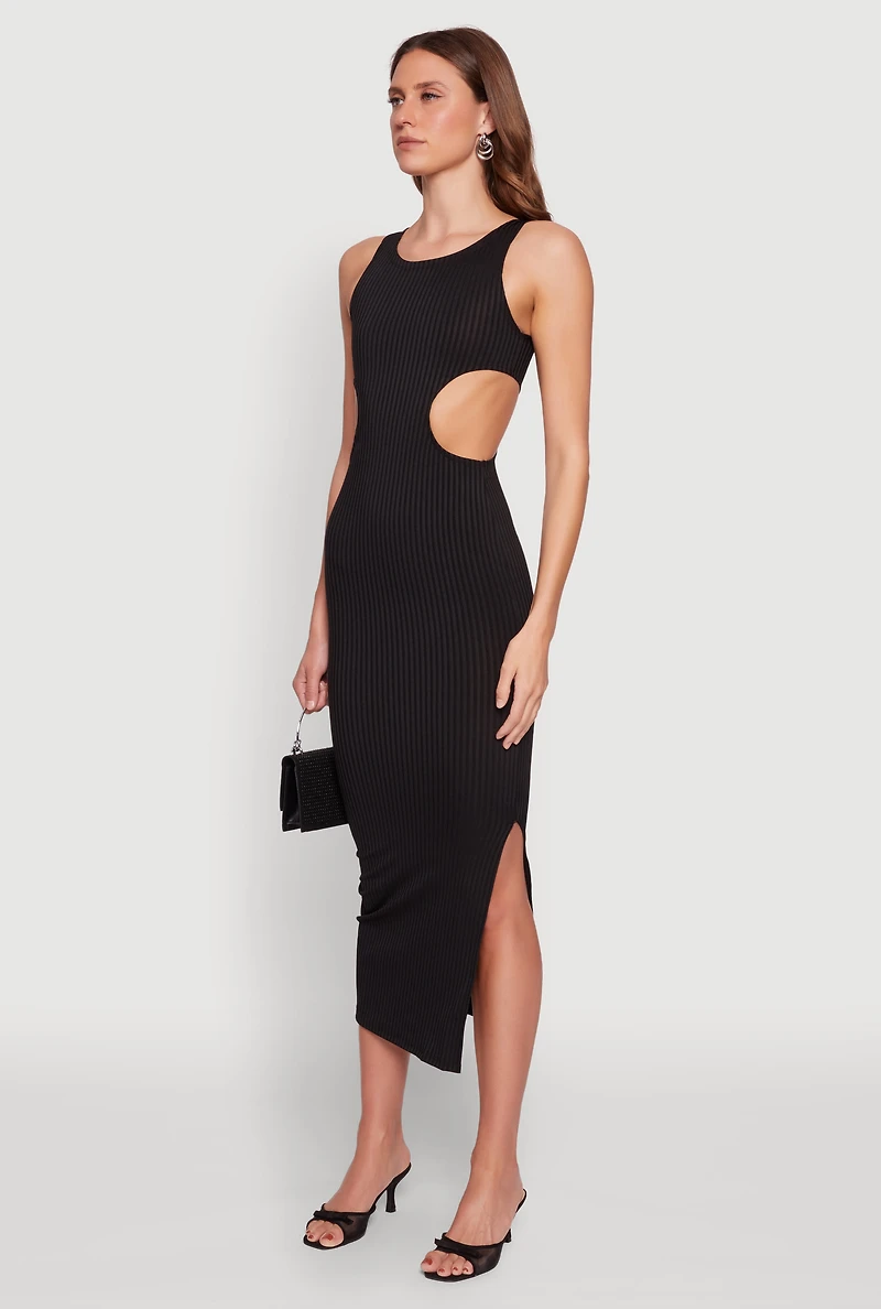 Womens Rib Knit Side Cut Out Maxi Dress, Black, Size XL