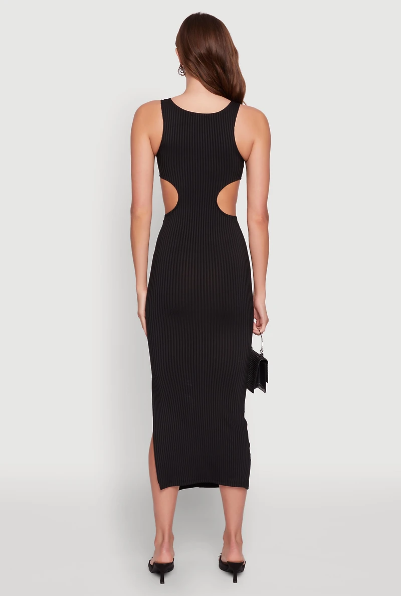 Womens Rib Knit Side Cut Out Maxi Dress, Black, Size XL