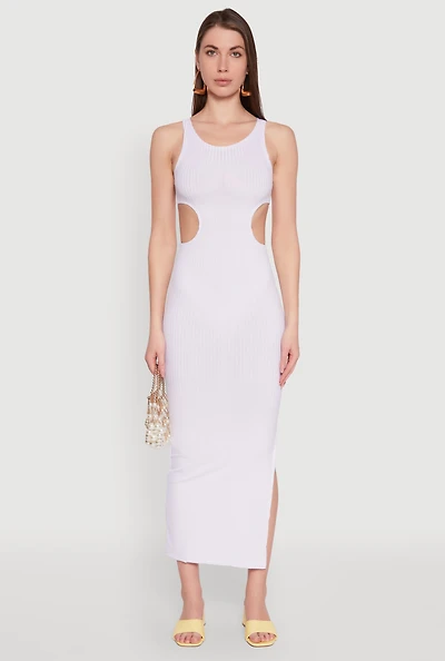 Womens Rib Knit Side Cut Out Maxi Dress, White, Size L