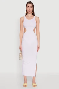 Womens Rib Knit Side Cut Out Maxi Dress, White, Size M
