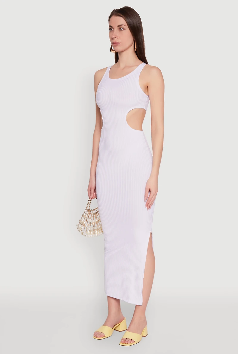 Womens Rib Knit Side Cut Out Maxi Dress, White, Size L