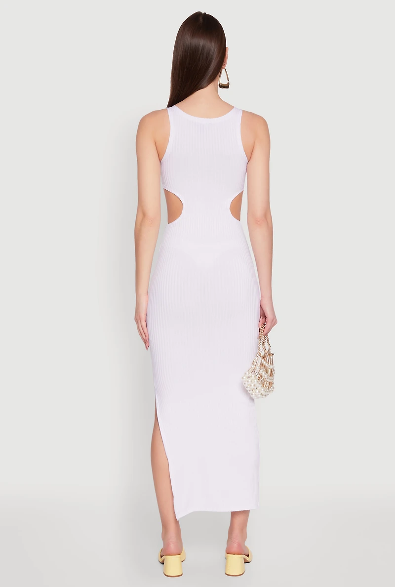 Womens Rib Knit Side Cut Out Maxi Dress, White, Size L