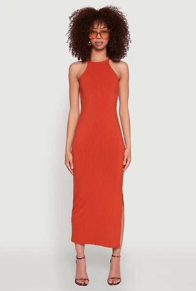 Womens High Neck Maxi Tank Dress, Orange, Size S