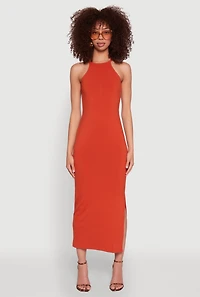 Womens High Neck Maxi Tank Dress, Orange, Size M