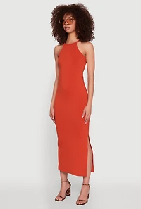 Womens High Neck Maxi Tank Dress, Orange, Size S