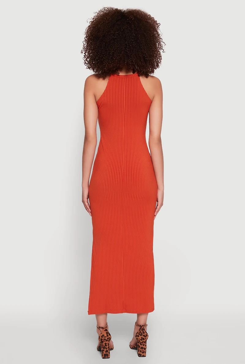 Womens High Neck Maxi Tank Dress, Orange, Size S