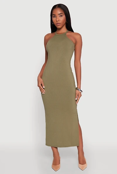 Womens High Neck Maxi Tank Dress, Green, Size L