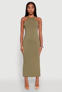 Womens High Neck Maxi Tank Dress, Green, Size L