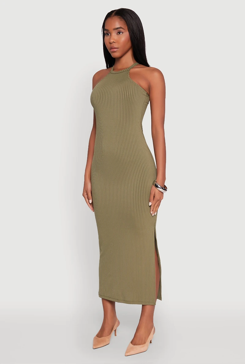 Womens High Neck Maxi Tank Dress, Green, Size L