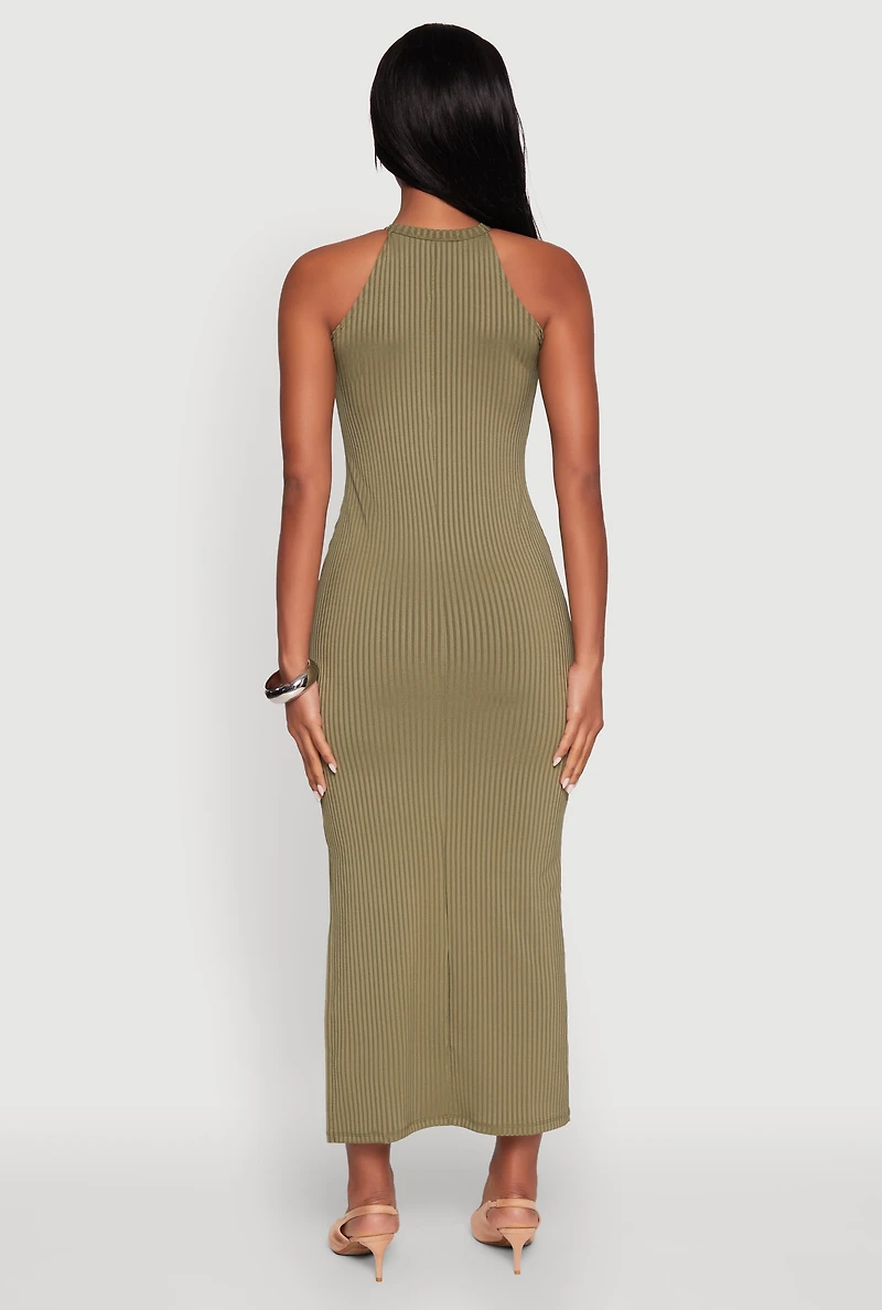 Womens High Neck Maxi Tank Dress, Green, Size L
