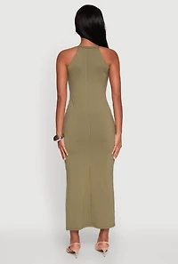 Womens High Neck Maxi Tank Dress, Green, Size L