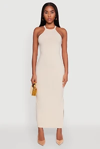 Womens High Neck Maxi Tank Dress, Beige, Size M