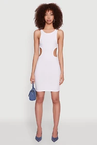 Womens Ribbed Knit Side Cut Out Mini Tank Dress, White,