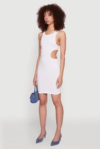 Womens Ribbed Knit Side Cut Out Mini Tank Dress, White, Size M