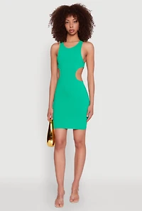 Womens Ribbed Knit Side Cut Out Mini Tank Dress,
