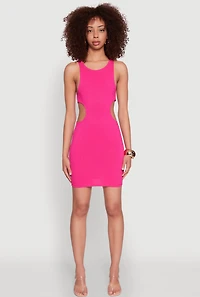 Womens Ribbed Knit Side Cut Out Mini Tank Dress, Pink, Size L